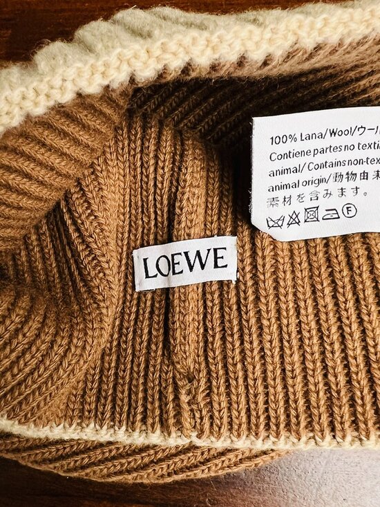 LOEWE Two-Tone Ribbed Wool Beanie Hat Brown Cream Anagram Logo Made in Italy main image 4